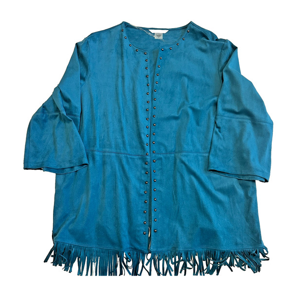 Allison Daley Teal Blue FRINGE Studded Open Front Jacket Faux Suede size 18 - Picture 1 of 6